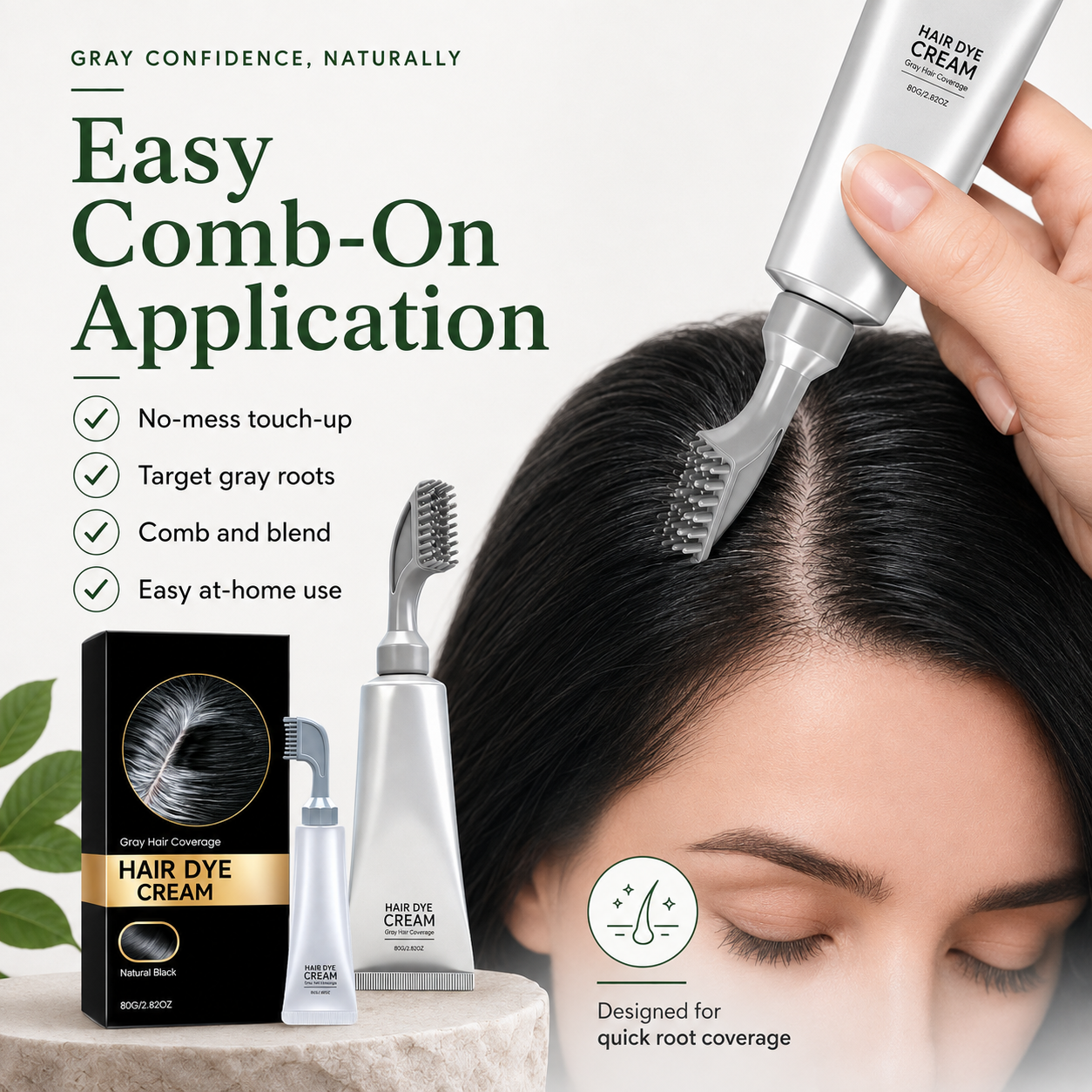 🌿 Plant Gentle Gray Hair Root Touch-Up Dye Cream with Easy Integrated Comb Applicator