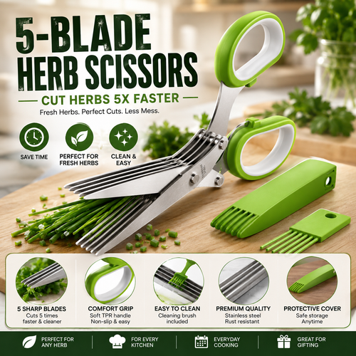 ✂️✨5-Blade Stainless Steel Herb Scissors with Cleaning Brush & Protective Cover